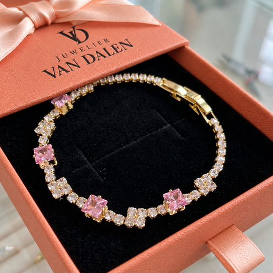 Roze tennisarmband met vierkante stenen | Goud