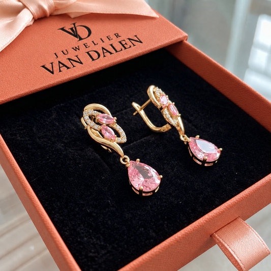 Sprankelende roze saffier druppeloorbellen | Goud