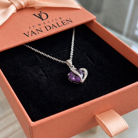Amethist ketting met twee harten | Witgoud