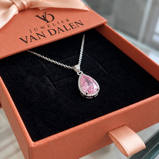 Roze druppelketting | Wit goud