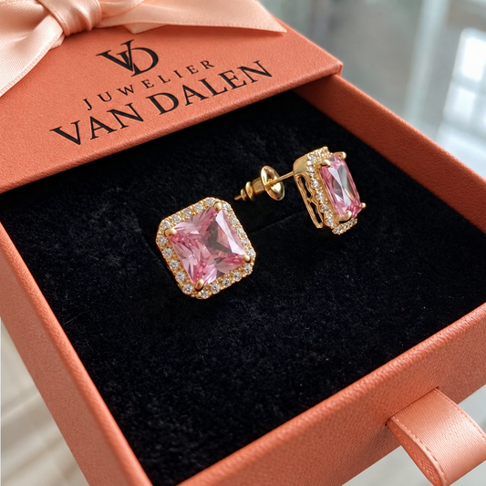 Roze saffier pavé-oorknopjes | Goud