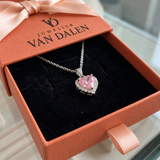 Stralende roze hartketting | Wit goud
