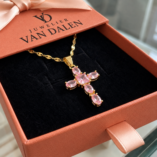 Roze kruisketting Geloof | Goud