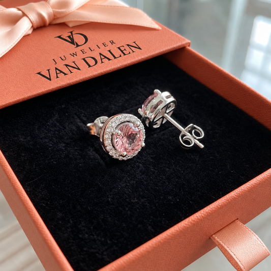 Ronde roze pavé-oorknopjes | Wit goud