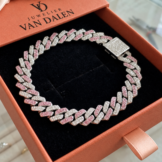 Roze glitter-schakelarmband | Wit goud