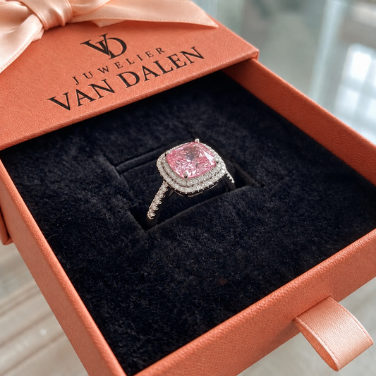 Roze saffier cushion-ring | Wit goud
