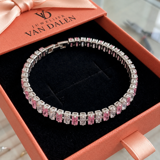 Tennisarmband met roze strepen | Witgoud