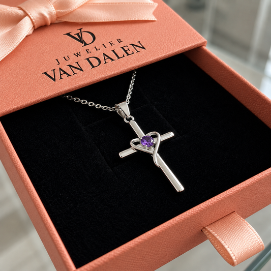 Ketting met amethist kruis | Wit goud