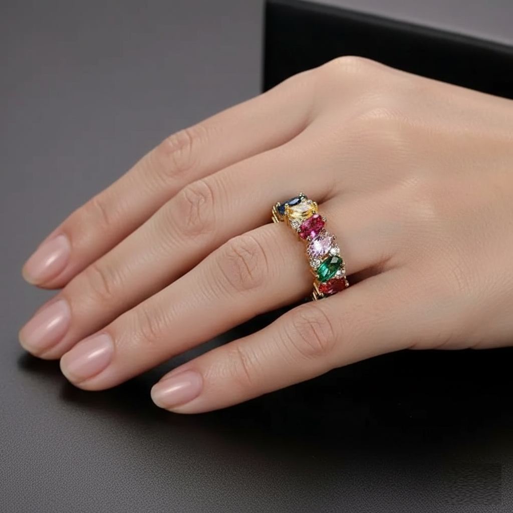 Retro ring met veelkleurige steentjes in goud