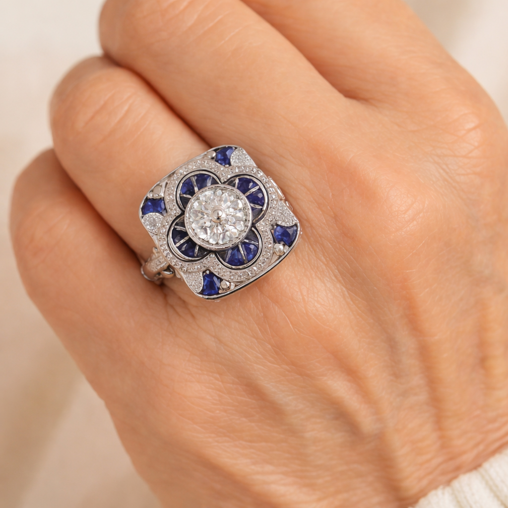 Retro ring met blauwe steentjes in wit goud