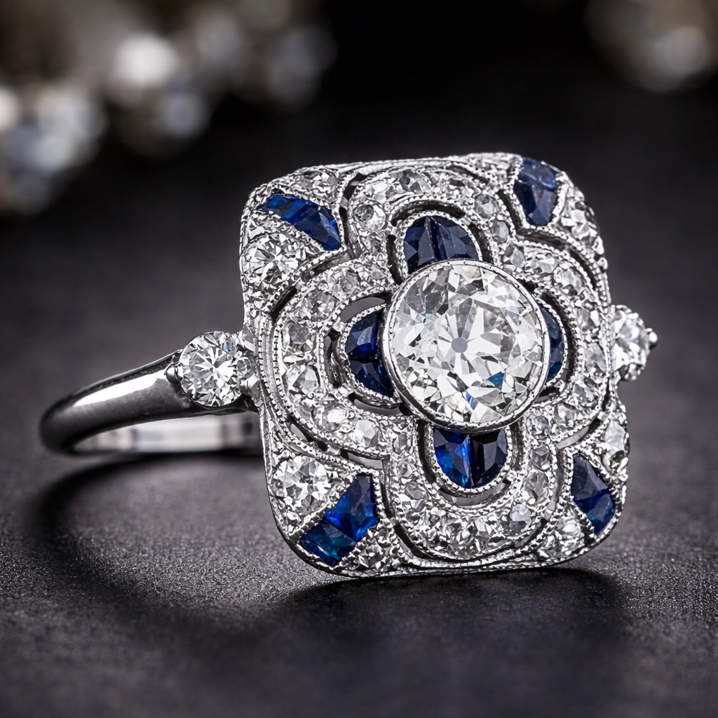 Retro ring met blauwe steentjes in wit goud