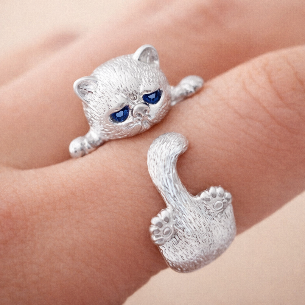 Verstelbare 925-ring met katjes in wit goud