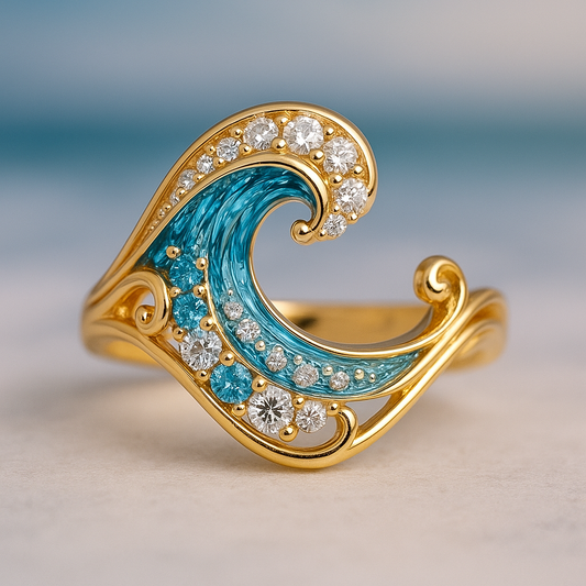Ring met glinsterende blauwe golf in goud