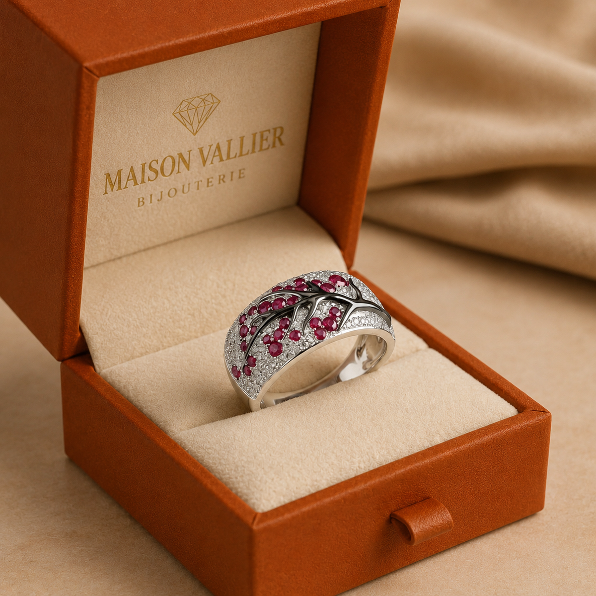 Ring met robijn en bloemen in wit goud