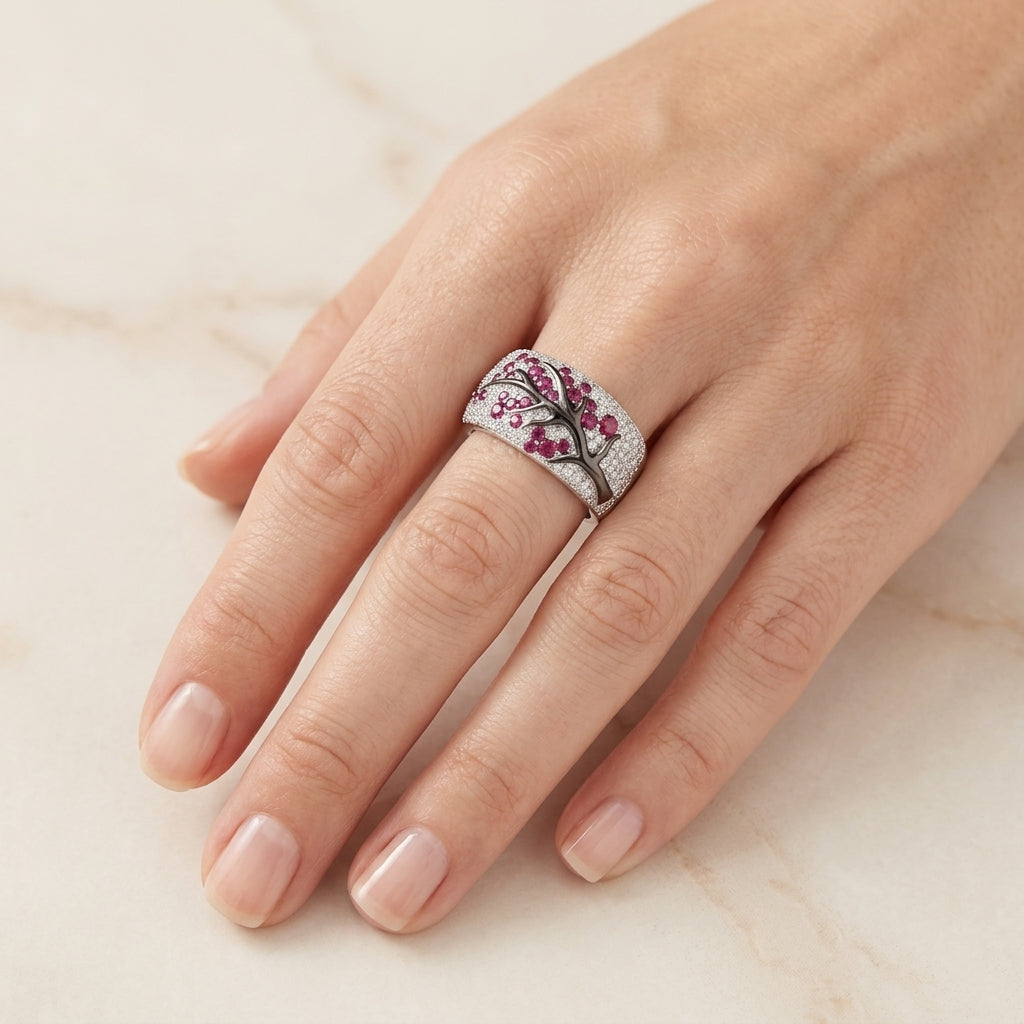 Ring met robijn en bloemen in wit goud