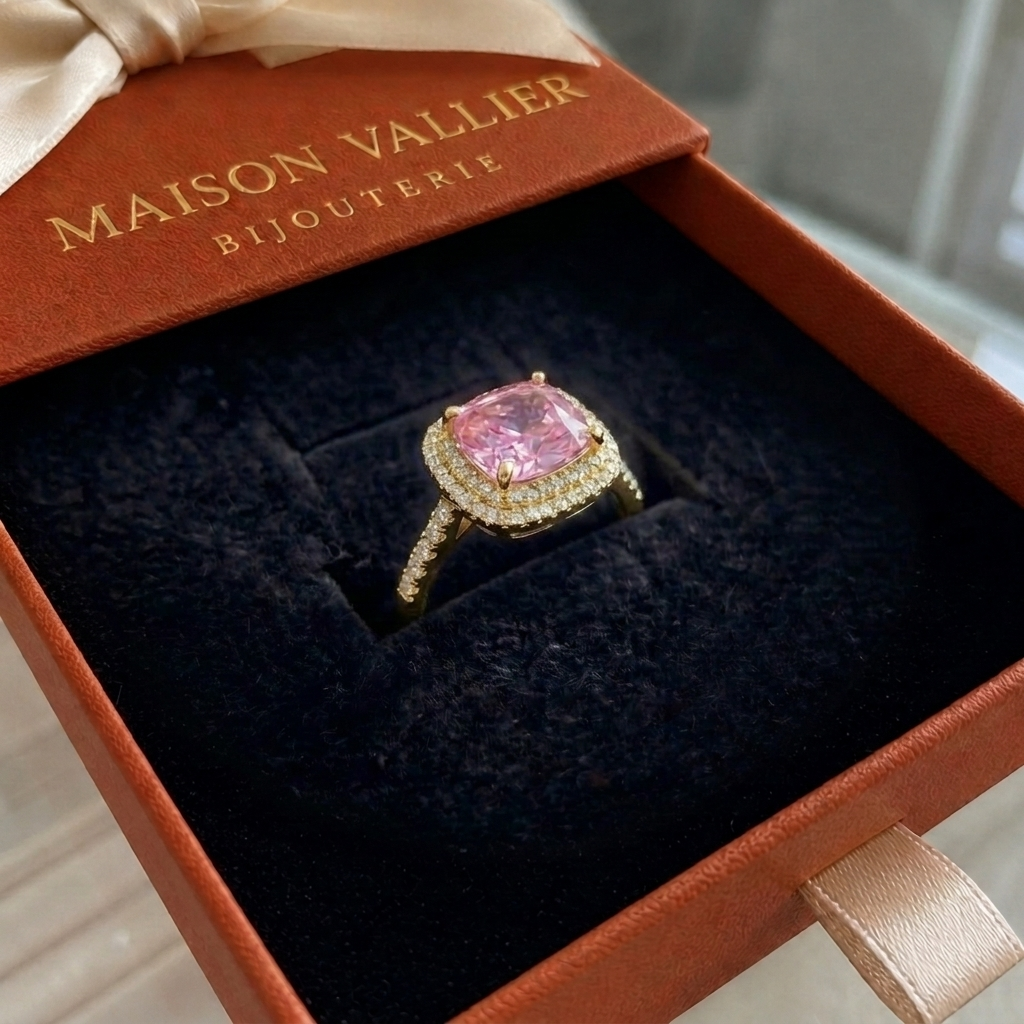 Roze saffier cushion-ring in wit goud