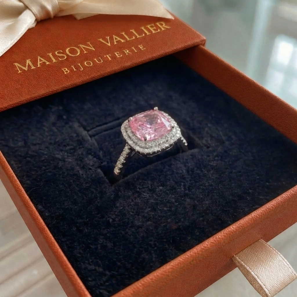 Roze saffier cushion-ring in wit goud