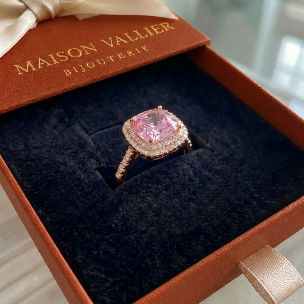 Roze saffier cushion-ring in wit goud