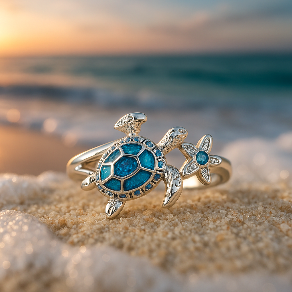 Ring met schildpad en blauw opaal in wit goud