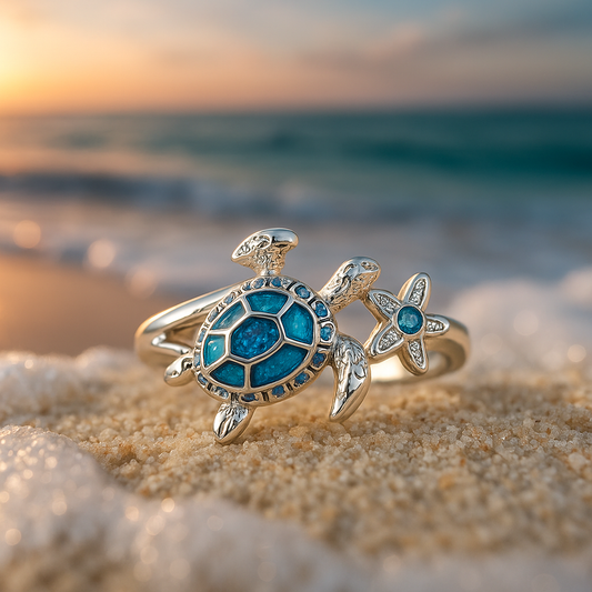 Ring met schildpad en blauw opaal in wit goud