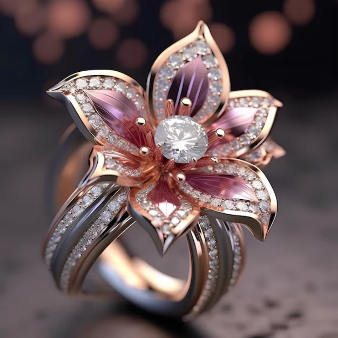 Kristallen ring met exotische roze lotusbloem in goud