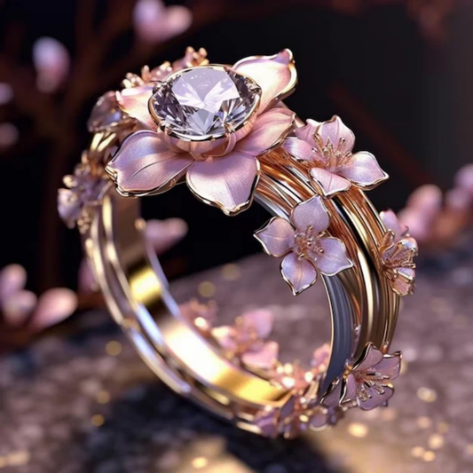 Kristallen ring met exotische roze bloem in goud