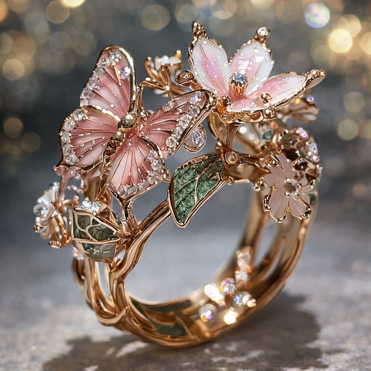 Glinsterende natuurvlinder-ring in goud