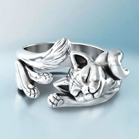 Verstelbare retro ring met katje in wit goud