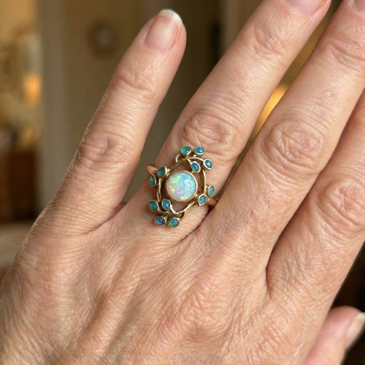 Blauwe retro ring met kristallen en opaal | Goud