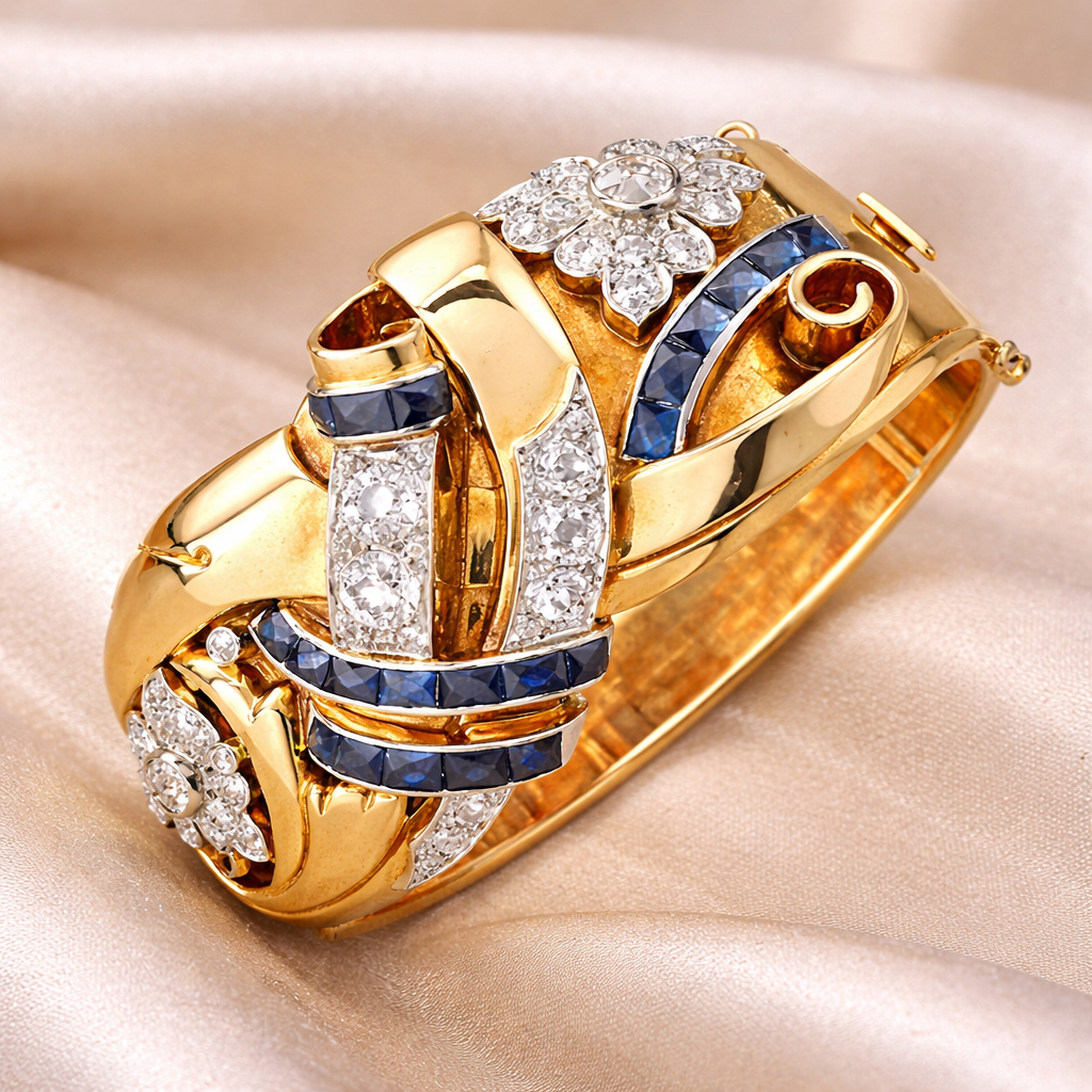 Retro ring met blauwe steentjes in goud