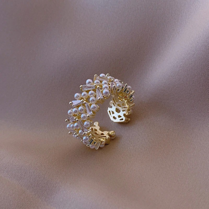 Verstelbare retro ring met parels en kristallen | Goud