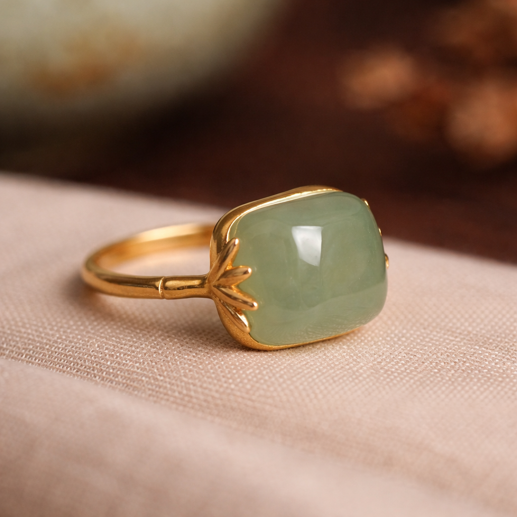 Verstelbare retro ring met groene jade in goud