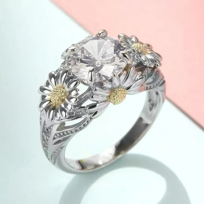 Vintage ring met gele zonnebloem in wit goud