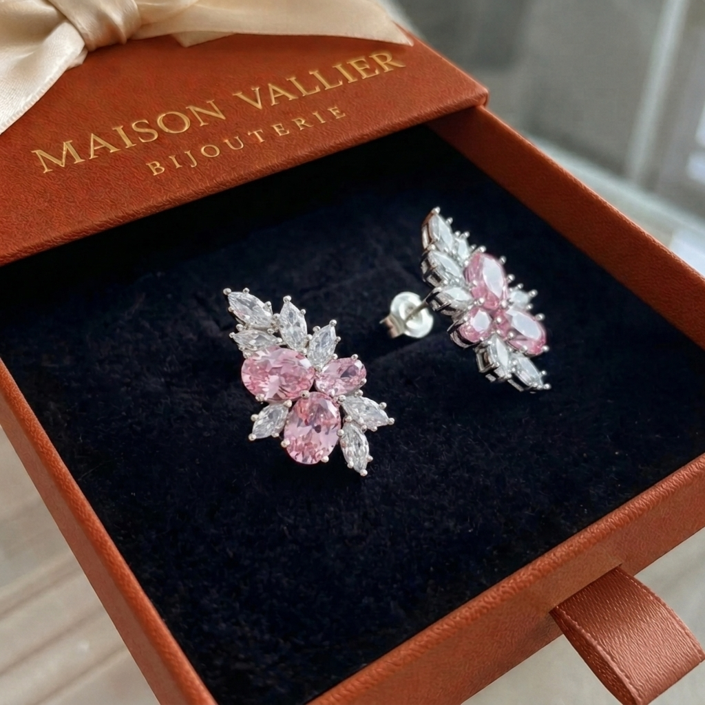 Oorbellen Lyra met roze bloem in wit goud