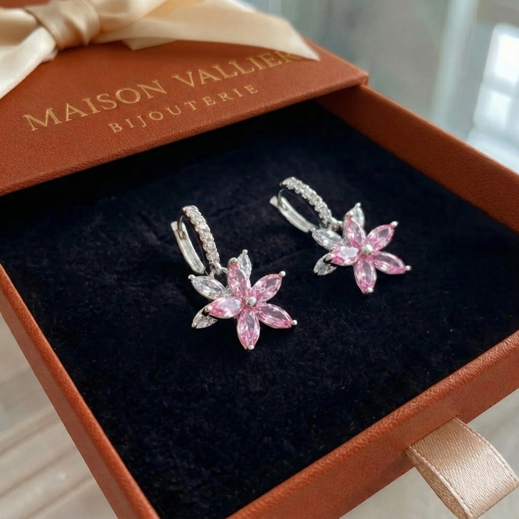Oorbellen Thalia met roze bloemblaadjes in wit goud