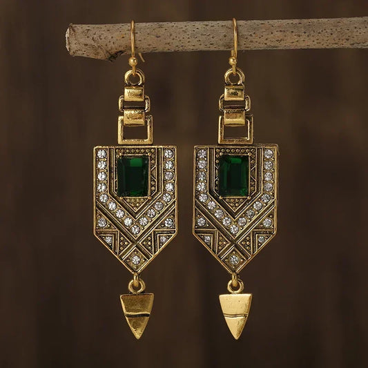 Geometrische groene retro oorbellen | Goud