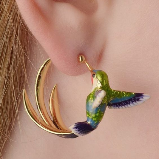 Vintage oorbellen met geëmailleerde kolibrie | Goud