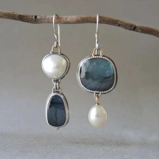 Vintage oorbellen met natuurstenen en parels | Witgoud
