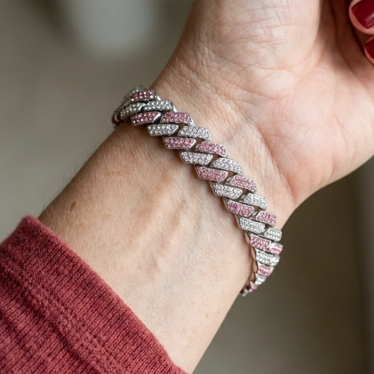 Glinsterende roze schakelarmband | Witgoud