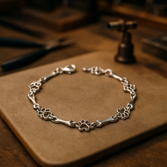 Armband met hangende hondenpootjes en botje, limited edition | Witgoud