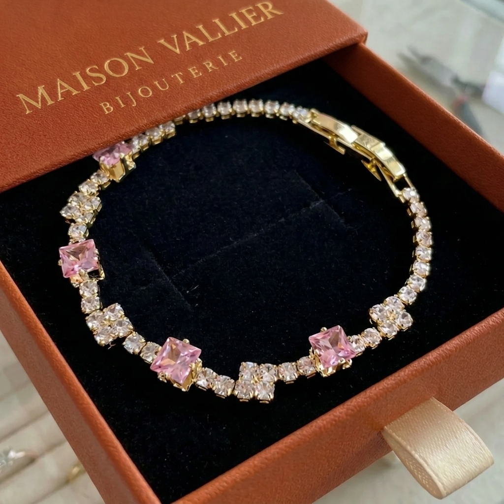 Roze tennisarmband met vierkante stenen in goud