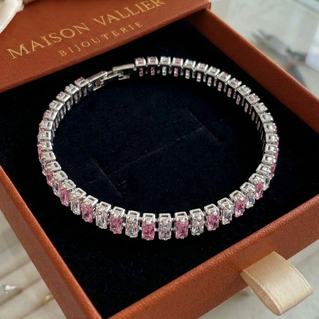 Tennisarmband met roze strepen in wit goud