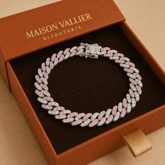 IJzige roze Cubaanse schakelarmband | Witgoud
