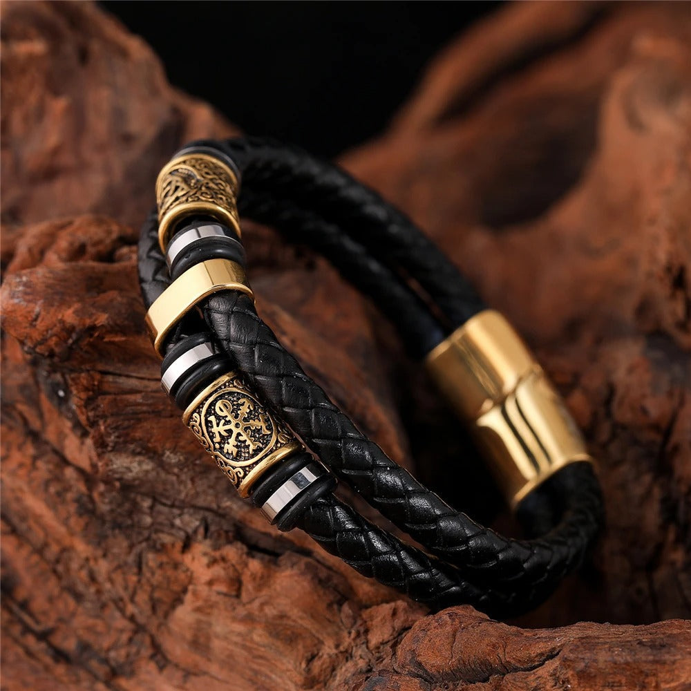 Zwarte gevlochten leren armband met hanger in goud