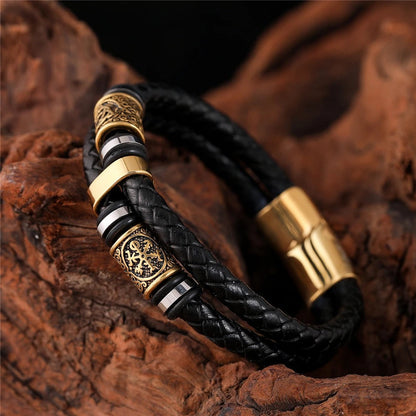 Zwarte gevlochten leren armband met hanger in goud