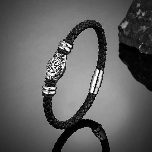 Zwarte gevlochten leren armband Vikingkompas | Goud