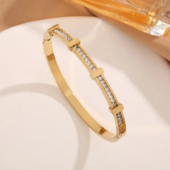 Open geometrische armband met twee rijen briljanten | Goud