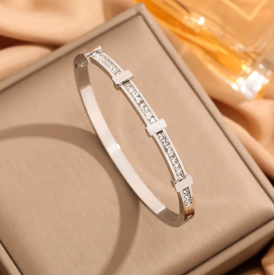 Open geometrische armband met twee rijen briljanten | Goud