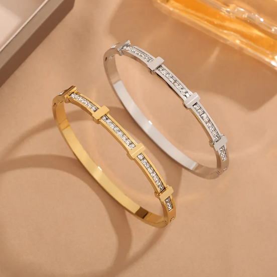 Open geometrische armband met twee rijen briljanten | Goud