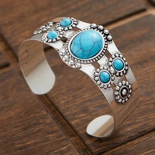 Verstelbare open retro armband met turquoise | Witgoud